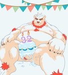 anthro balls belly big_belly birthday_cake cake cute_fangs dessert fangs food genitals humanoid_hands kemono male moobs navel nipples overweight overweight_male simple_background solo teeth morino8484 bear mammal 2023 absurd_res hi_res