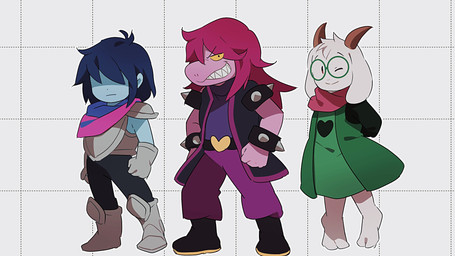 ambiguous_gender anthro armor blue_hair clothing eyewear female floppy_ears fur glasses grin group hair horn long_hair male one_eye_closed pink_hair robe smile trio white_body white_fur wink 365mimimi deltarune undertale_(series) kris_dreemurr ralsei susie_(deltarune) bovid caprine goat human mammal scalie hi_res