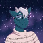 anthro blue_body blue_fur clothing eyewear fur glasses hair horn male reflection sky smile solo star starry_sky sweater topwear white_hair 13uckaroo mythology rhys rhys_londe dragon furred_dragon furred_scalie mythological_creature mythological_scalie scalie 1:1 hi_res icon portrait