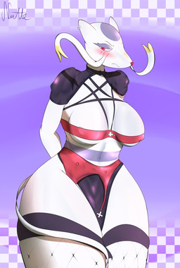 angry anthro big_breasts breasts butt clothed clothing cosplay costume female fur red_eyes simple_background solo tail thick_thighs white_body white_fur nutto nintendo pokemon generation_5_pokemon mammal mienshao pokemon_(species) absurd_res digital_media_(artwork) hi_res