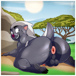 anthro anus balls big_butt border butt erection genitals looking_at_viewer looking_back male outdoor_nudity outside penis smile solo white_border young aaron_(artist) disney the_lion_guard the_lion_king bunga badger honey_badger mammal mustelid musteline 1:1 2025 dated hi_res