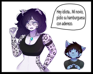 anthro black_border border duo female heart_symbol male male/female text unknown_artist alixx_(character) canid canine felid fox leopard mammal pantherine 5:4 spanish_text translated