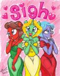 anthro anthrofied breasts cleavage clothed clothing dress female group heart_symbol horn sigh newyorkx3 beauty_and_the_beast disney friendship_is_magic hasbro my_little_pony mythology dear_darling_(mlp) fond_feather_(mlp) swoon_song_(mlp) equid equine horse mammal mythological_creature mythological_equine pony unicorn 2017 hi_res traditional_media_(artwork)