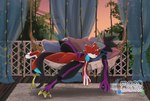 anthro bandai_namco betelgammamon black_body claws cuddling detailed_background digimon digimon_(species) duo evolutionary_family feet gulusgammamon hammock hi_res horn red_body scalie sleeping stinger_tail talons toes umbramoonwake