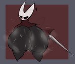 anthro big_butt black_body blush bodily_fluids bottomless butt cloak clothed clothing cross-popping_vein empty_eyes female huge_butt huge_hips huge_thighs looking_at_viewer looking_back musk nail_(weapon) simple_background solo sweat sweaty_butt thick_thighs wide_hips xytora hollow_knight team_cherry hornet_(hollow_knight) arthropod 2022 digital_media_(artwork) hi_res