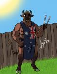 anthro apron apron_only australia australian_flag biceps biped bottomless bulge clothed clothing cooking_tongs detailed_bulge erection erection_under_clothing eyewear genital_outline glasses grin hand_on_hip hooves horn kitchen_utensils male mostly_nude muscular muscular_anthro muscular_male nipples penis_outline smile solo standing tongs tools 1ceberg tom_(1ceberg) bovid bovine mammal absurd_res hi_res