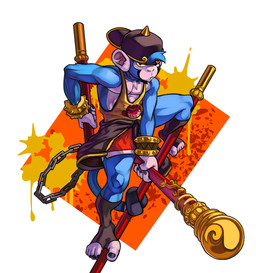 abstract_background anthro backwards_baseball_cap backwards_hat baseball_cap black_nails blue_body blue_fur bo_staff bottomwear bracelet chain clothing colored_nails footwear fur gold_(metal) hat headgear headwear holding_object holding_staff jacket_around_waist jewelry looking_at_viewer male muscular muscular_male nails one_eye_obstructed shirt shorts solo spiked_bracelet spikes staff tail tail_coil tank_top topwear owy ooky_(character) haplorhine mammal monkey primate 2025 hi_res