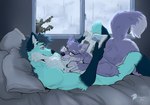 affectionate anthro bed cuddling duo eye_contact eyewear furniture glasses looking_at_another magazine male male/male markings nude pillow rain_drops window seagullart2 kaibly_(kaibly) canid canine canis mammal maned_wolf wolf hi_res