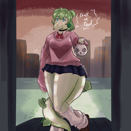 alternate_costume anthro black_bottomwear black_clothing black_skirt blue_eyes bottomwear bow_tie breasts bucket choker city cityscape clothed clothed_anthro clothed_female clothing container detailed_background dialogue doorway eyebrow_through_hair eyebrows female fingers footwear front_view grass green_body green_hair hair hair_bun holding_bucket holding_container holding_object holidays humanoid_hands jewelry knee_highs knee_socks legwear long_hair looking_at_viewer medium_breasts necklace neutral_expression non-mammal_breasts pink_clothing pink_footwear pink_socks pink_sweater pink_topwear plant red_bow_tie skirt socks solo speech_bubble standing sweater talking_to_viewer text topwear translucent translucent_hair trick-or-treating twin_buns anfitrionaaa cavemanon_studios goodbye_volcano_high halloween ko_op_(game_developer) snoot_game stella_(gvh_beta) dinosaur ornithischian prehistoric_species reptile scalie stegosaurian stegosaurus thyreophoran 1:1 absurd_res colored english_text full-length_portrait hi_res portrait shaded