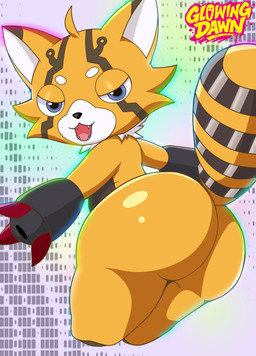 anthro aroused ass_up butt butt_focus ears_up female feral flirting fluffy fluffy_tail ginger_fur languid logo looking_at_viewer markings metal neon open_mouth pointed solo striped_markings striped_tail stripes tail tail_markings teeth vomonlove bandai_namco digimon digimon_beatbreak background_character canid canine digimon_(species) mammal pristimon raccoon_dog tanuki simple hi_res