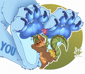 4_toes ambiguous_gender anthro banana blep blush bovid_horn brown_body brown_fur caprine_horn claws curling_toes disembodied_foot duo feet food foot_fetish foot_focus fruit fur grass_hair heart_symbol horn hugging_foot leaf leaf_tail male micro plant ram_horn size_difference tail toe_claws toes tongue tongue_out narwilltharu kalei_(hydro19) ych_(character) hi_res