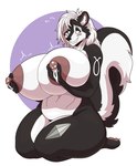 anthro areola big_breasts big_nipples black_body black_fur blush bodily_fluids breast_milking breasts ear_piercing ear_ring eye_roll eyebrow_piercing eyebrow_ring facial_piercing female fluffy fluffy_tail fur hair huge_breasts hyper hyper_breasts inner_ear_fluff kneeling lactating markings milk milking_self nipple_grab nipples piercing ring_piercing solo striped_markings striped_tail stripes tail tail_markings thick_thighs tuft white_body white_fur white_hair slightlysimian mammal mephitid skunk 2024 hi_res