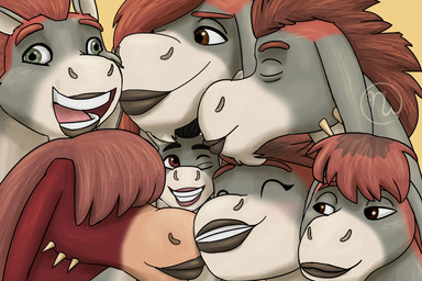 ambiguous_form black_eyebrows black_lips blush brown_eyes brown_mane cheek_spikes chin_tuft closed_smile cuddling derp_eyes eyebrows eyelashes eyes_closed facial_spikes facial_tuft family family_bonding female feral floppy_ears fur green_eyes grey_body grey_fur group happy kiss_on_forehead kissing larger_female larger_male lidded_eyes light lips logo long_ears long_mane lop_ears love male mane mane_over_eye mane_over_eyes mouth_closed multicolored_body multicolored_fur multicolored_mane one_eye_closed open_mouth open_smile orange_background pink_lips pink_tongue red_body red_eyebrows red_fur red_mane sextuplets short_mane simple_background size_difference smaller_feral smaller_male smile smiling_at_another smiling_at_each_other spikes spikes_(anatomy) tan_spikes thick_lips tongue toothy_smile tuft two_tone_body two_tone_fur two_tone_mane white_body white_fur white_inner_ear skywater dreamworks mythology shrek_(series) bananas_(shrek) coco_(shrek) debbie_(shrek) donkey_(shrek) eclair_(shrek) parfait_(shrek) peanut_(shrek) asinus donkey dragon dronkey equid equine hybrid mammal mythological_creature mythological_scalie scalie 2026 3:2 adobe_photoshop_(artwork) artist_logo colored digital_drawing_(artwork) digital_media_(artwork) english_description hi_res lighting shaded brother_(lore) brother_and_sister_(lore) brothers_(lore) daughter_(lore) father_(lore) father_and_child_(lore) father_and_daughter_(lore) father_and_son_(lore) parent_(lore) parent_and_child_(lore) parent_and_daughter_(lore) parent_and_son_(lore) sibling_(lore) sister_(lore) sisters_(lore) son_(lore)