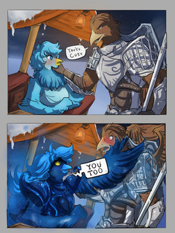 2_panel_comic anthro armor beak blue_body blue_eyes blue_feathers blue_hair blush brown_body brown_feathers detailed_background dialogue duo feathered_wings feathers female flirting hair hand_on_face holding_melee_weapon holding_object holding_weapon long_hair male male/female melee_weapon muscular muscular_anthro muscular_male orange_eyes outside side_view snow speech_bubble surprised talking_to_another text transformation weapon winged_arms wings yellow_sclera katsumodokat elden_ring_nightreign fromsoftware undertale_(series) undertale_yellow guardian_(nightreign) martlet_(undertale_yellow) martlet_(zenith_form) avian bird 2026 3:4 absurd_res comic crossover digital_drawing_(artwork) digital_media_(artwork) english_description english_text hi_res