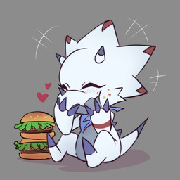 anthro blush burger claws crumbs eating food heart_symbol horn kerchief male sitting solo white_body rusho bandai_namco digimon digimon_ghost_game digimon_(species) gammamon 1:1