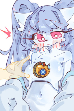 5_fingers anthro bangs black_nose blue_hair bodily_fluids breasts chest_tuft collarbone disembodied_hand duo eyelashes female fingers hair inner_ear_fluff long_eyelashes long_hair looking_down medium_breasts navel pink_eyes pupils simple_background sweat tuft white_background white_pupils kgs701 canid canine fox mammal robot_anthro 2:3 colored digital_drawing_(artwork) digital_media_(artwork) hi_res shaded