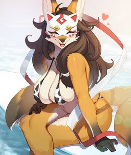 animal_print anthro arm_support bare_shoulders big_breasts bikini biped black_nose blush breasts brown_body brown_fur brown_hair claws cleavage clothed clothing countershade_arms countershade_legs countershade_tail countershade_torso countershading cow_print crossed_legs dipstick_ears dipstick_tail ear_markings female female_anthro finger_claws fur gloves_(marking) hair hand_on_leg hand_on_own_leg hand_on_own_thigh hand_on_thigh heart_symbol inner_ear_fluff kemono long_hair looking_at_viewer markings mask multi_tail multicolored_ears navel neck_tuft open_mouth orange_body orange_fur poolside sitting skimpy smile solo string_bikini swimwear tail tail_markings tuft two-piece_swimsuit water white_body white_fur white_inner_ear whooo-ya masked_fox_(kame_3) canid canine fox mammal 2022 hi_res