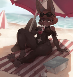 anthro barefoot bat_nose beach beach_towel big_ears big_nose breasts brown_body brown_fur brown_hair clothing container cup drinking drinking_straw eyewear eyewear_on_head fangs feet female fur hair hat headgear headwear legwear leotard looking_at_viewer nipple_outline pantyhose red_eyes sea seaside soles solo spread_toes sun_hat sunglasses sunglasses_on_head teeth toes towel water wearing_sunglasses pumpunechka bat leaf-nosed_bat mammal microbat vampire_bat yangochiropteran absurd_res hi_res