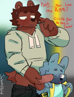 age_difference anthro blush duo genitals male male/male penis penis_in_face poking poking_cheek presenting public shota student young young_male jasonvvoid bear canid canine canis mammal wolf absurd_res hi_res