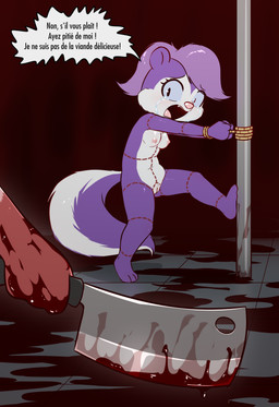 3_toes animal_butchery_diagram anthro arms_tied begging_for_mercy blood blood_on_floor blood_on_hand blood_on_weapon bodily_fluids bound breasts butt butt_from_the_front cleaver crying dialogue duo explicitly_stated_nonconsent feet female fluffy fluffy_tail fur genitals gloves_(marking) helpless horror_(theme) imminent_death imminent_vore markings natural_breasts navel nipples nude pink_nose plantigrade pole purple_body purple_fur rope ryona scared screaming striped_markings striped_tail stripes struggling tail tail_markings tears text tied_to_pole toes vulva weapon e254e tiny_toon_adventures warner_brothers fifi_la_fume lin_(e254e) ailurid mammal mephitid red_panda skunk absurd_res french_text hi_res translation_check translation_request