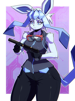 5_fingers abstract_background anthro anthrofied black_nose blue_body blue_eyes blue_fur blue_hair clothing eyebrows eyelashes eyeshadow eyewear female fingers frown fur gloves goggles goggles_around_neck gun hair half-closed_eyes handgun handwear holding_gun holding_handgun holding_object holding_pistol holding_ranged_weapon holding_weapon hoodie_vest makeup narrowed_eyes pistol pokemorph ranged_weapon short_hair silencer solo standing text thick_thighs trigger_discipline weapon wide_hips sozokuu nintendo pokemon eeveelution generation_4_pokemon glaceon pokemon_(species) 2025 artist_name hi_res