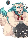 anthro black_nose bodily_fluids cum genital_fluids kemono male moobs overweight overweight_male solo tongue tongue_out young hechaxianzhi asian_mythology east_asian_mythology japanese_mythology lifewonders mythology tokyo_afterschool_summoners agyo_(tas) foo_dog komainu mammal yokai 2024 absurd_res hi_res