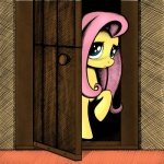 1:1 blush colored door equid equine female feral fluttershy_(mlp) friendship_is_magic hair hasbro horse looking_at_viewer mammal my_little_pony one_leg_up pony rainbow_(artist) raised_leg shy solo traditional_media_(artwork)