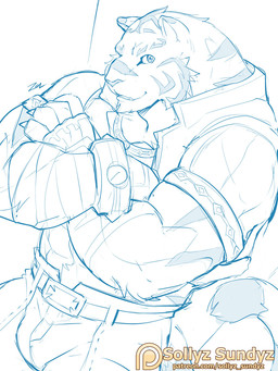 anthro barazoku bulge clothing looking_at_viewer male patreon_logo simple_background smile solo text white_background sollyz grimoire_of_zero patreon mercenary_(grimoire_of_zero) felid mammal pantherine tiger 2017 3:4 digital_drawing_(artwork) digital_media_(artwork) hi_res signature sketch url