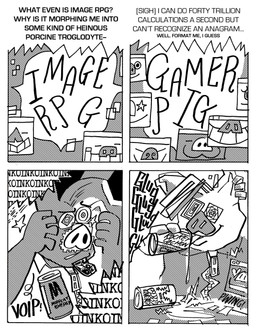 anthro beverage clothing dialogue ear_piercing energy_drink jacket male piercing snout solo text topwear transformation billy_fore spire_(malyrn) domestic_pig mammal suid suine sus_(pig) black_and_white comic english_text hi_res monochrome
