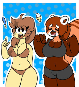 anthro bikini bikini_bottom bikini_top bodily_fluids bread breasts cleavage clothed clothing dessert dotted_background drooling duo eyes_closed female fluffy fluffy_tail food hair happy ice_cream navel open_mouth pattern_background popsicle saliva sharp_teeth simple_background slightly_chubby standing swimwear tail teeth two-piece_swimsuit rex_santos pania toastette ailurid animate_inanimate food_creature food_humanoid humanoid mammal red_panda colored digital_drawing_(artwork) digital_media_(artwork) hi_res