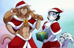 2019 abs adira_riftwall anthro athletic basitin black_hair blue_eyes blush breasts brown_body brown_fur brown_hair chest_tuft christmas christmas_clothing christmas_headwear clothed clothing conditional_dnp duo felid female fluffy fur gift gradient_background green_eyes grey_body grey_fur hair hand_on_hip hat headgear headwear hi_res holding_object holidays keidran king_adelaide looking_at_viewer mammal markings mature_female midriff multicolored_body multicolored_fur muscular muscular_female navel pantherine pose sack santa_hat simple_background skimpy smile snow_leopard spots spotted_body spotted_fur tom_fischbach tuft twokinds under_boob white_body white_fur