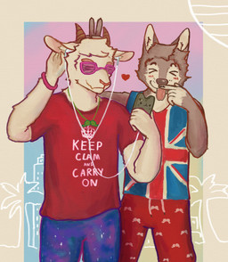 2010s_theme anthro bottomwear british clothing duo earbuds ears_up electronics eyes_closed eyewear flag_clothing fur galaxy_print glasses grey_body grey_fur headphones heart_symbol hidden_eyes horn jewelry listening_to_music male male/male mustache_tattoo necklace outside shirt shorts shutter_shades sunglasses sunglasses_on_face tank_top text text_on_clothing text_on_shirt text_on_tank_top text_on_topwear tongue tongue_out topwear union_jack wearing_sunglasses white_body white_fur wristband reynard_goodfellow keep_calm_and_carry_on bovid canid canine canis caprine goat mammal wolf english_description english_text hi_res