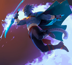 action_pose anthro blue_body blue_cape blue_clothing blue_fur blue_hair blue_nose bottomwear cape clothed clothing fur grin hair holding_melee_weapon holding_object holding_sword holding_weapon male male_anthro markings melee_weapon muscular muscular_anthro muscular_male pants pose red_eyes smile solo striped_arms striped_back striped_markings striped_tail stripes sword tail tail_markings weapon edvardiko final_fantasy final_fantasy_xiv square_enix ed_(edvardiko) felid hrothgar mammal absurd_res hi_res