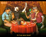 alcohol anthro arm_around_shoulders arm_hair beverage blush body_hair bucket champagne clothed clothing container curtains drinking_alcohol food furniture green_hair group hair holidays hug inside male muscular on_sofa open_mouth party raised_glass red_tablecloth romantic romantic_couple sitting sofa table wallpaper_(decoration) knest new_year new_year_2023 felix_(knest) greyson_(knest) bovid bovine canid canine cattle felid feline mammal 2022 hi_res