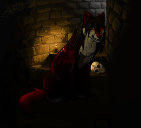 ambiguous_gender angry bone brown_hair candle dark digitigrade fangs feral fur hair heterochromia quadruped red_body red_fur rock skull snarling solo spider_web stairs tail teeth white_body white_fur octobertiger canid canine canis mammal wolf digital_media_(artwork) digital_painting_(artwork) painting_(artwork)