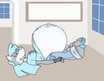 anthro belly big_belly blue_clothing blue_eyes blue_hair blue_shirt blue_topwear bottomwear breasts clothing denim denim_bottomwear denim_clothing female gloves hair handwear inside jeans lying on_back overweight pants shirt simple_background solo topwear virus-20 wendy_wolf_(virus-20) canid canine canis mammal wolf 2023