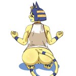 anthro anus big_butt black_claws black_eyes blue_body blue_fur blue_hair blue_lipstick blue_stripes bottomless butt claws clothed clothing egyptian egyptian_clothing egyptian_headdress eyelashes female fur genitals hair kneeling lipstick looking_at_viewer looking_back looking_back_at_viewer makeup markings meditation pawpads pussy rear_view short_hair simple_background smile solo striped_markings striped_tail stripes tail tail_markings topwear white_background white_clothing white_topwear yellow_body yellow_fur haloluli animal_crossing nintendo ankha_(animal_crossing) domestic_cat felid feline felis mammal 1:1 digital_media_(artwork) hi_res