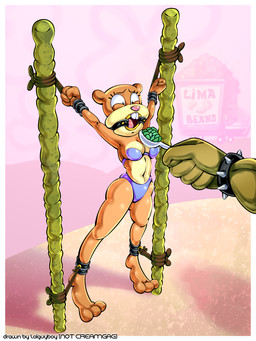 anthro bean bikini bikini_bottom bound bra bracelet breasts clothed clothing cutlery duo female food force_feeding forced jewelry kitchen_utensils male open_mouth outside rope scared spiked_bracelet spikes spoon swimwear tools two-piece_swimsuit underwear lolguyboy nickelodeon spongebob_squarepants sandy_cheeks eastern_grey_squirrel grey_squirrel mammal rodent sciurid tree_squirrel 2026 3:4 hi_res