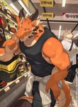 anthro arm_spikes basket biceps bottomwear box claws clothed clothing container deltoids detailed_background duo elbow_spikes facial_spikes fully_clothed hand_on_leg horn jaw_spikes lights looking_down male multicolored_body muscular muscular_male orange_eyes pants pecs public scales shirt shopping_cart sign solo_focus spiked_tail spikes spikes_(anatomy) standing sweater_around_waist tail tank_top text topwear triceps two_tone_body walking yed mythology canid canine dragon mammal mythological_creature mythological_scalie scalie absurd_res hi_res shaded watermark