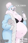 anthro belly big_belly big_breasts black_nose blue_eyes breasts clothing cutlery dessert eating eyewear female food fur glasses hair holding_object ice_cream kitchen_utensils obese obese_anthro obese_female overweight overweight_anthro overweight_female simple_background smile solo spoon tools white_body white_fur white_hair princess_samoyed cumu canid canine canis domestic_dog mammal nordic_sled_dog samoyed spitz absurd_res hi_res