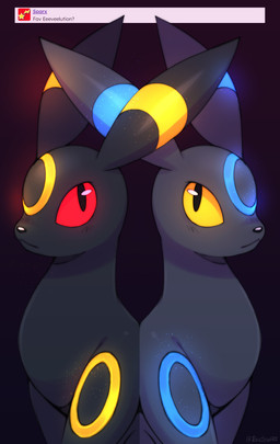 ambiguous_gender arm_markings ask_blog black_body black_ears black_eyes black_fur black_nose blue_glow blue_markings duo ear_markings facial_markings feral forehead_markings fur glowing glowing_markings head_markings markings red_sclera ring_(marking) text yellow_glow yellow_markings yellow_sclera toxicsoul77 nintendo pokemon eeveelution generation_2_pokemon mammal pokemon_(species) shiny_pokemon umbreon 2024 absurd_res digital_media_(artwork) english_description english_text hi_res