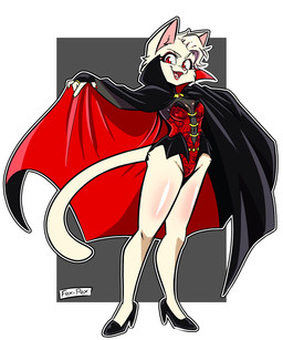 anthro breasts cape clothed clothing costume digit_ring fangs female footwear geometric_background hair high_heels holidays jewelry looking_at_viewer open_mouth red_eyes ring shoes simple_background smile solo tail teeth vampire_costume white_body ziggy_fox halloween domestic_cat felid feline felis mammal 5:6 digital_media_(artwork) hi_res