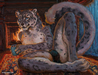 anthro beverage biped blue_eyes bulge candy carpet chocolate clothed clothing container cup dessert fireplace food fur grey_body grey_fur holding_container holding_cup holding_object hot_chocolate inside looking_at_viewer male markings solo spots spotted_body spotted_fur underwear underwear_only white_body white_fur creeps felid mammal pantherine snow_leopard 2026 oil_painting_(artwork) painting_(artwork) traditional_media_(artwork) traditional_painting_(artwork)