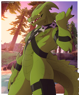 2_horns 5_fingers anthro arm_spikes armband beckoning biped black_claws border claws featureless_crotch finger_claws fingers forest forest_background gesture glistening glistening_eyes green_body green_horn green_scales green_tail hand_on_leg hand_on_own_leg hand_on_own_thigh hand_on_thigh horn male male_anthro nature nature_background nude nude_anthro nude_male open_mouth orange_eyes outside outside_border plant ranged_weapon scales sharp_teeth shuriken sky solo spiked_tail spikes spikes_(anatomy) standing sunset tail teeth text thigh_pouch tongue tree water weapon white_border wristband yellow_sclera leo-wolf epic_games fortnite mythology hybrid_(fortnite) dragon mythological_creature mythological_scalie scalie wingless_dragon 2026 absurd_res artist_name digital_drawing_(artwork) digital_media_(artwork) hi_res