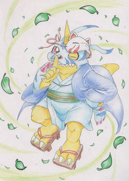 ambiguous_gender animal_skin anthro asian_clothing belly blush claws clothing east_asian_clothing footwear horn japanese_clothing kimono leaf looking_at_viewer mask one_eye_closed sandals shoes shush simple_background slightly_chubby solo white_background wind wink yellow_body tabasukotrr bandai_namco digimon digimon_(species) gabumon human mammal hi_res traditional_media_(artwork)
