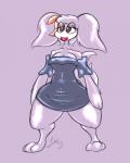 anthro biped breasts clothed clothing female fur hair long_hair makeup paws pose purple_body purple_fur purple_hair simple_background smile solo standing saliant cave_story chaco_(cave_story) canid canine lagomorph mammal mimiga 2015 4:5 hi_res