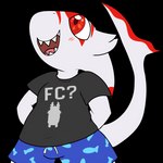 anthro blush bottomwear clothed clothing hands_behind_back happy looking_up male open_mouth red_eyes shorts smile solo tail teeth thick_tail video_game_reference caffeinekobold ccp_games eve_online vtuber hakarisquish amur_carp carp cetacean cyprinid cypriniform fish koi mammal marine shark typical_carp alpha_channel digital_media_(artwork)