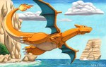 biped cliffs fire flaming_tail flying membrane_(anatomy) membranous_wings sea solo spread_wings tail water wings adleisio mythology nintendo pokemon charizard dragon generation_1_pokemon mythological_creature mythological_scalie pokemon_(species) scalie hi_res marker_(artwork) mixed_media traditional_media_(artwork)