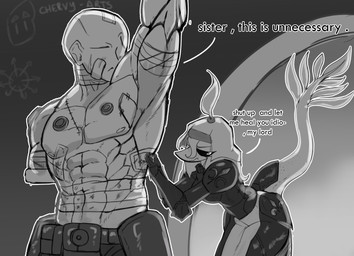 adepta_sororitas annoyed anthro areola armor bald bandage bandage_on_face bent_over clothed clothed_anthro clothed_female clothing dialogue duo eyebrows feathered_tail feathers female frown hair healer human_on_anthro interspecies larger_human larger_male long_hair long_tail male male/female muscular muscular_human muscular_male nipples raised_eyebrow raised_hand scar size_difference smaller_anthro smaller_female stitch_(sewing) tail talking_to_another text topless topless_human topless_male chervyarts cavemanon_studios puppet_pals snoot_game warhammer_(franchise) warhammer_40000 anon_(snoot_game) judee sister_of_battle dinosaur human mammal prehistoric_species reptile saurischian scalie theropod troodon troodontid absurd_res english_text greyscale hi_res monochrome