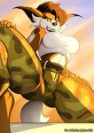 anthro belt big_breasts breasts clothing female looking_at_viewer low-angle_view military solo tongue spinal22 canid canine canis mammal wolf hi_res